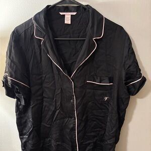Victoria's Secret Black Satin Pajama Top with Pink Piping